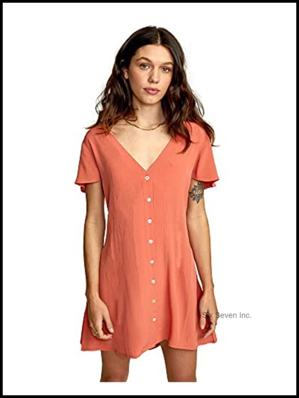 RVCA Woven Short Sleeve Mini Dress V-Neck Button-Up Rayon